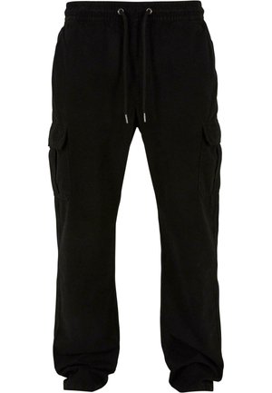 Pantalons cargo noirs avec taille élastique, cordon de serrage et poches latérales. Fabriqués en tissu doux avec une coupe décontractée et des jambes droites.