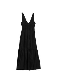 Abito maxi nero con scollatura a V profonda, design senza maniche, vita arricciata e gonna a strati. Realizzato in tessuto leggero con una texture liscia.