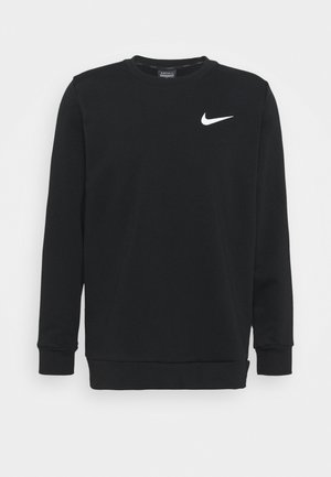 Sudadera negra de manga larga Nike con cuello redondo y logo swoosh blanco en el pecho izquierdo, mostrada sobre un fondo liso.