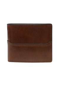 Portafoglio bifold in pelle marrone con uno spazio per schede nella parte frontale e cuciture sottili lungo i bordi, su uno sfondo bianco.
