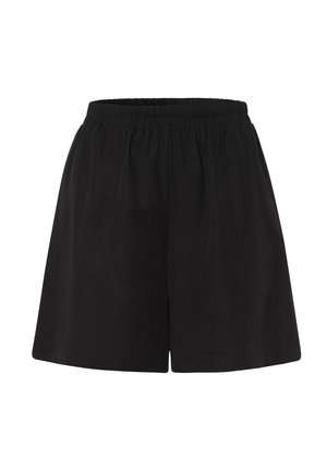 Shorts noirs en coton avec une taille élastique, présentant une coupe ample et un design à jambes droites. Texture lisse, sans motifs ni accents supplémentaires.