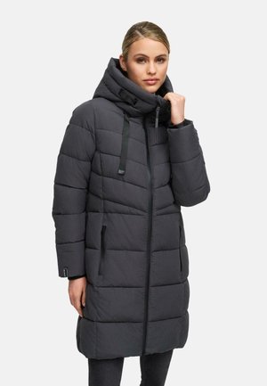 Gray padded coat with a high collar and adjustable hood. Features a zip closure and two side pockets. Smooth texture and rectangular stitching.