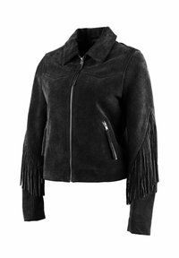 Fekete szarvasbőr dzseki galléros nyakkivágással, elülső cipzárral, két cipzáras zsebbel és rojtos részletekkel az ujjakon.