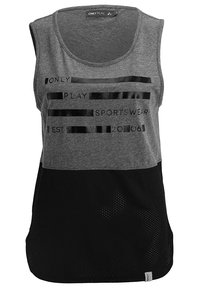 Sleeveless sports tank top with gray upper and black mesh lower sections, featuring "ONLY PLAY SPORTSWEAR EST. 2006" text on front.