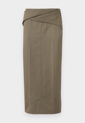 Augsta vidukļa olīvu zaļš midi svārki ar salocītu jostas detaļu un taisnu, piegrieztu fitu.