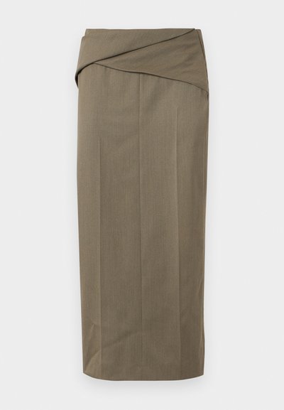 Μίντι φούστα σε ελιά πράσινο με ψηλή μέση, λεπτομέρεια διπλωμένης μέσης και ίσια, ραμμένη εφαρμογή.