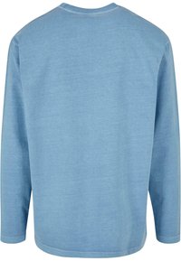 Camicetta a maniche lunghe di color azzurro chiaro. Realizzata in tessuto morbido con un collo rotondo e una vestibilità comoda. Design semplice, senza motivi o dettagli visibili.