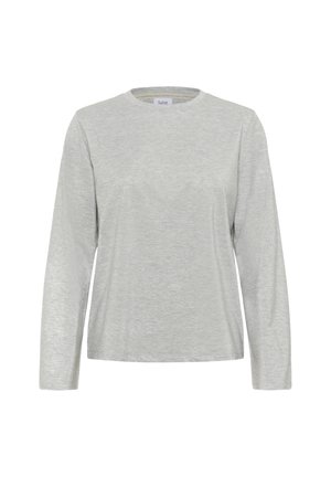 Lichtgrijze lange mouwen shirt met ronde hals van iets gestructureerde stof en een rechte zoom, weergegeven op een witte achtergrond.