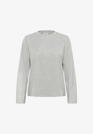 Camiseta de manga larga gris claro con cuello redondo, fabricada con un tejido ligeramente texturizado y un dobladillo recto, presentada sobre un fondo blanco.