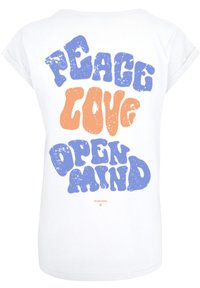 White T-shirt featuring a rounded neck, short sleeves, and bold printed text in orange and blue: "PEACE LOVE OPEN MIND."