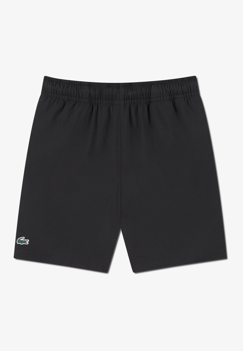 Svarte badeshorts med elastisk midjebånd, med en liten grønn og rød Lacoste-logo på nedre venstre side. Mykt, lett stoff.
