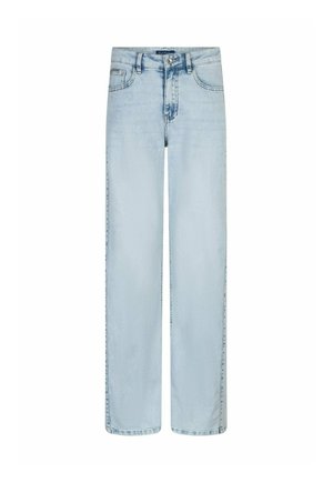 Lichtblauwe, rechte jeans met hoge taille, voorzien van een knoop- en ritsluiting aan de voorkant, voor- en achterzakken en subtiele verouderingsdetails.