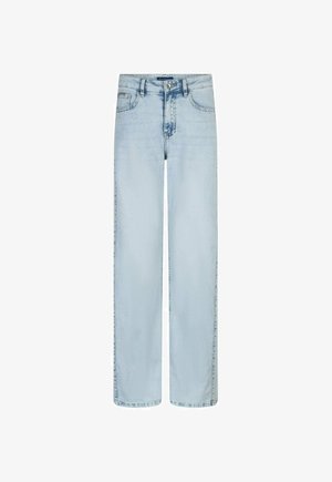 Lichtblauwe, rechte jeans met hoge taille, voorzien van een knoop- en ritsluiting aan de voorkant, voor- en achterzakken en subtiele verouderingsdetails.