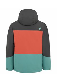 Kleurgebloekte jas met donkergrijze capuchon en mouwen, roestkleurig middenstuk en petrolkleurige onderkant en manchetten, achterkant zichtbaar.