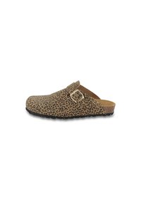 Natural leopard print clog made from fabric with a brown and black color scheme. Features a buckled strap and a textured rubber sole.