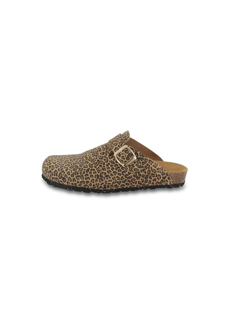 Natural leopard print clog made from fabric with a brown and black color scheme. Features a buckled strap and a textured rubber sole.