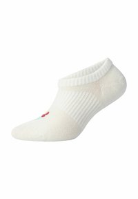 Calzino bianco alla caviglia con polsino a costine, caratterizzato da un motivo floreale rosso e verde sulla punta. Realizzato in un tessuto morbido e leggero.