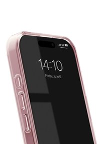 Transparent pink phone case with rounded edges, side buttons for volume, and a black screen displaying the time and date.