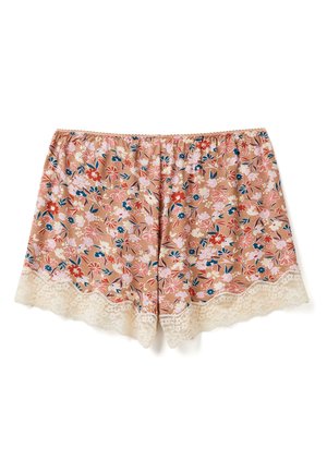 Szorty z kwiatowym nadrukiem na delikatnym, brzoskwiniowym tle z niebieskimi i różowymi akcentami. Posiadają delikatny koronkowy wykończenie na dole. Elastyczny pas.