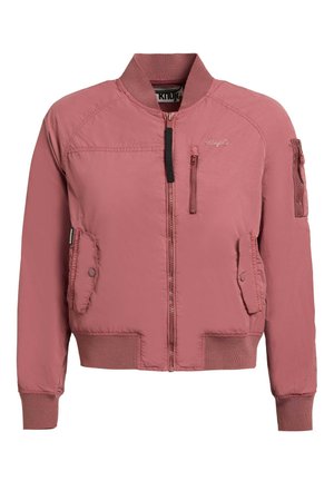 Chaqueta bomber rosa polvorienta con cremallera frontal, bolsillos con solapa en el pecho y los lados, puños acanalados y pequeño bolsillo con cremallera en la manga izquierda.