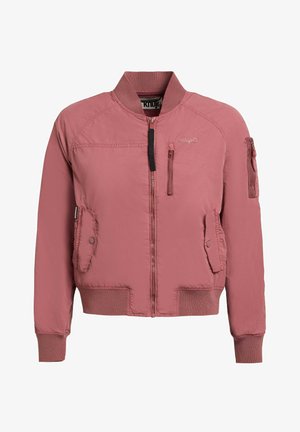 Chaqueta bomber rosa polvorienta con cremallera frontal, bolsillos con solapa en el pecho y los lados, puños acanalados y pequeño bolsillo con cremallera en la manga izquierda.