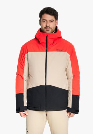 Men's outdoor jacket featuring red, beige, and black panels, zip closure, adjustable hood, and cuff straps. Made from lightweight, insulated material.