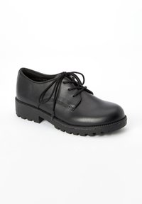 Chaussures en cuir noir avec un bout rond, dotées d'un design à lacets, d'un petit talon relevé et d'une semelle extérieure texturée et robuste.