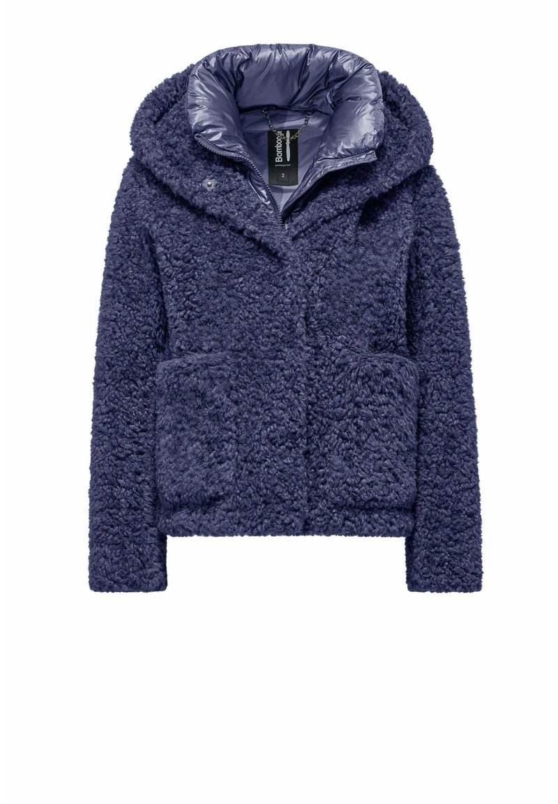 Marineblauwe fleecejas met een gestructureerde, fluffy buitenkant, een capuchon en twee voorzakken. Gevoerd met een gladde stof voor warmte.