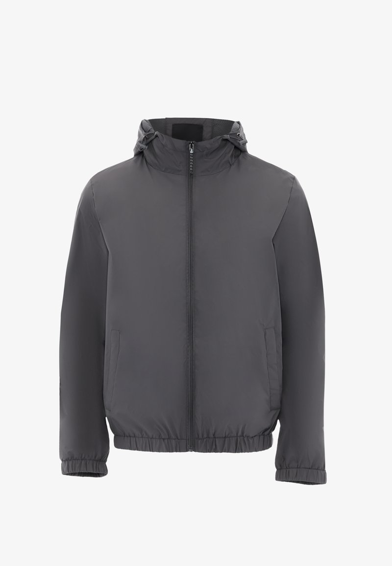 Pilkas pūkinis džemperis su gobtuvu, visišku priekiu užtrauktuku, elastingomis rankovėmis ir juosmeniu. Turi dvi šonines kišenes ir lygią, matinę apdailą.