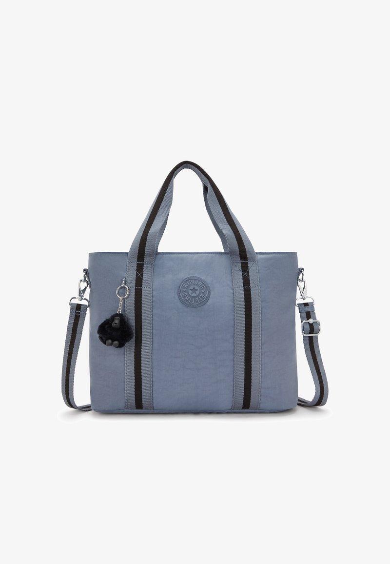 Borsa a tracolla in nylon grigia con due accenti a strisce nere, doppi manici superiori e una tracolla regolabile. Include un piccolo portachiavi peloso.