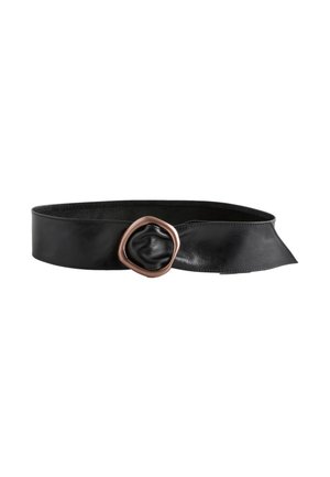 Black leather belt with a wide band and a large irregular copper-colored metal buckle.