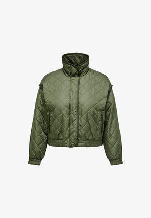 Geplüschte Steppjacke in Olivgrün, mit hohem Kragen, verkürztem Design, elastischen Bündchen und Frontreißverschluss. Glattes Stoffgefühl.