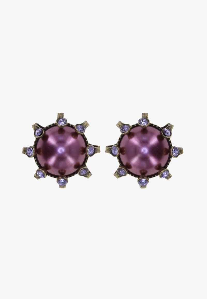 Boucles d'oreilles en perles rondes violettes ornées de huit petits gemstones lavande disposés en forme de rayons de soleil autour de chaque perle, montées sur un métal ton or antique.