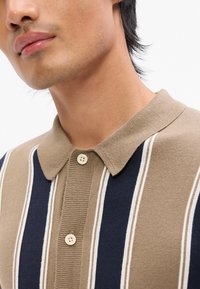 Stickad polo med krage, beige och marinblå vertikala ränder, samt två knappar vid knappslån. Mjuk textur med standard passform.