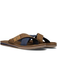Brown and navy sandals with cross straps, leather and fabric materials, textured footbed, rubber sole, and white stripe accent.