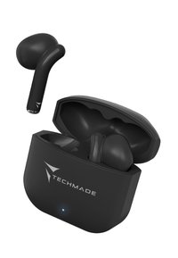 Zwarte draadloze oordopjes met een compacte oplaadcase. Gladde plastic materiaal; afgeronde vorm met een klein LED-indicator op de case.