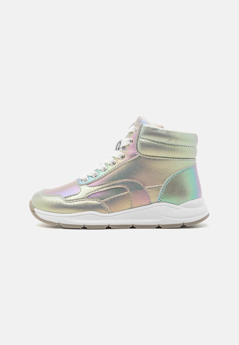High-top sneakers with a reflective, metallic surface; features white laces, cushioned ankle support, and a contrasting white sole.