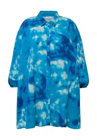 Camicia oversize con bottoni in un motivo tie-dye blu. Realizzata in tessuto testurizzato, con colletto a revers e maniche lunghe a sbuffo.