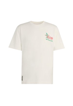 White short-sleeve t-shirt with small colorful Mexico 86 soccer graphic and Adidas logo on upper left chest.