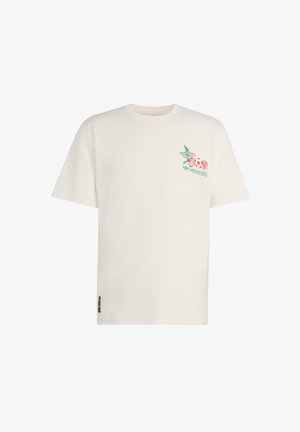 White short-sleeve t-shirt with small colorful Mexico 86 soccer graphic and Adidas logo on upper left chest.