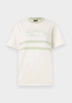 Camiseta de algodón color crema con cuello redondo, mangas cortas y rayas de acento verde. Presenta un logo bordado en la parte frontal.