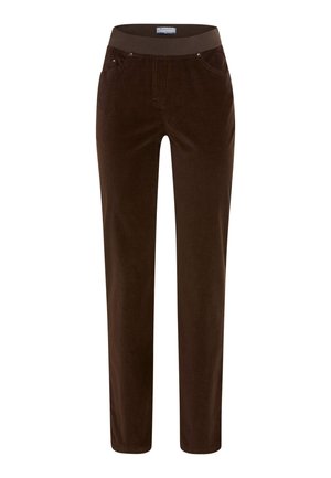 Brown velour pants with a straight leg design, elastic waistband, and two front pockets. Soft texture with minimal hardware details.