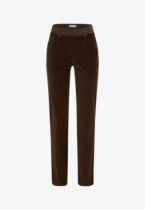 Braune Velourhosen mit geradem Bein, elastischem Bund und zwei Fronttaschen. Weicher Stoff mit minimalen Hardwaredetails.