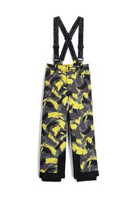 Skibroek in een zwart, grijs en geel abstract patroon, met verstelbare zwarte bretels en een ritszak aan de zijkant.