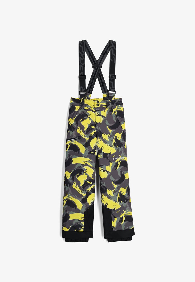 Skibroek in een zwart, grijs en geel abstract patroon, met verstelbare zwarte bretels en een ritszak aan de zijkant.