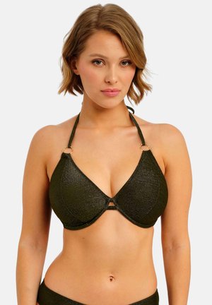 Olivgrünes Bikini-Oberteil mit glänzendem Finish, dreieckigem Körbchen-Design, Neckholderbändern und goldfarbenen Akzenten.