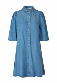 Osvetljen jeans obleka v svetlo modri barvi z kratkimi, naborkastimi rokavi, ovratnikom in z zapiranjem na gumbih po celotni dolžini. Mehka tekstura in A-linijska silhueta.