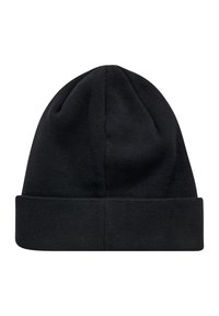 Zwarte gebreide beanie met een omgeslagen rand en een naadloze kroon; gemaakt van zachte, rekbare stof. Eenvoudig en veelzijdig ontwerp geschikt voor verschillende gelegenheden.