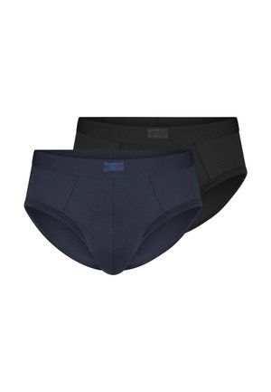 Zwei Herren-Slips, einer navyblau vorne und einer schwarz hinten, beide mit anliegendem Design und weichen elastischen Bündchen.