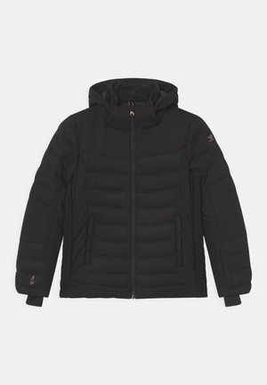 Veste matelassée noire avec capuche, fermeture éclair à l'avant, poches latérales zippées et poignets élastiques, conçue pour les temps froids.